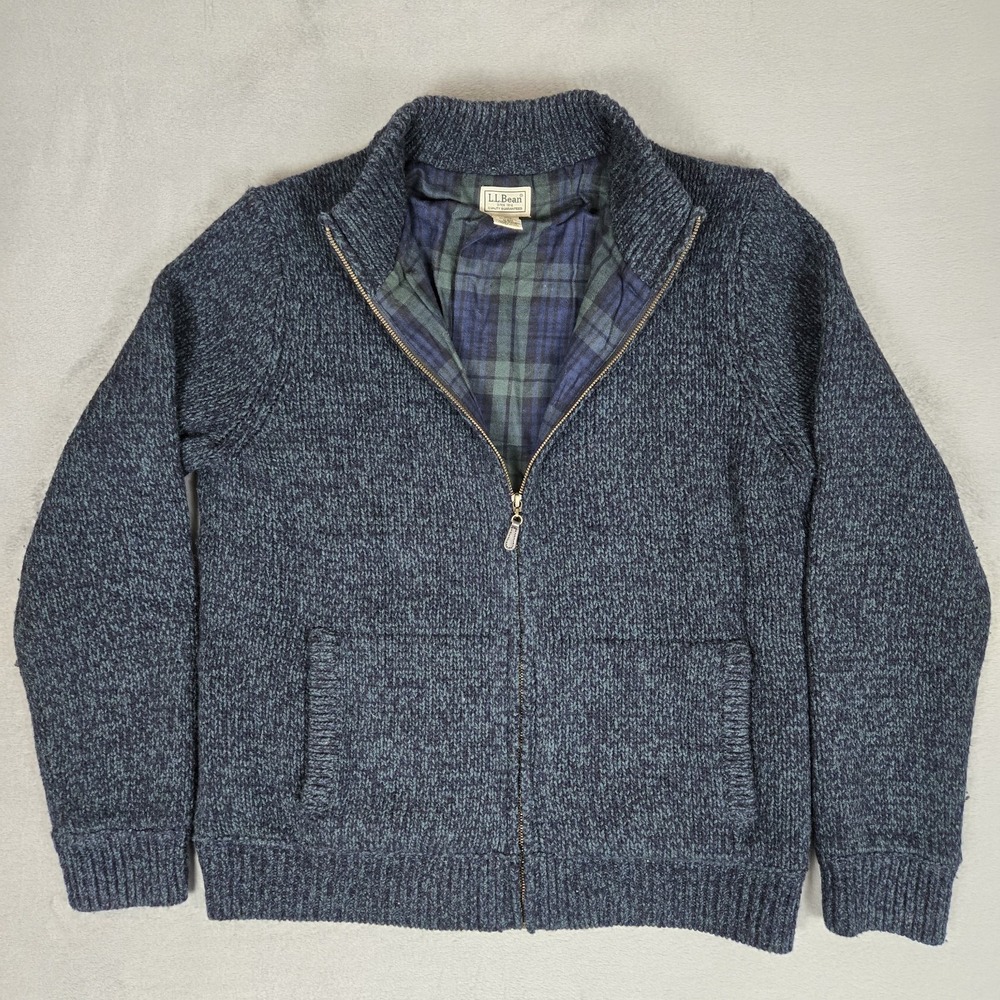 LL Bean Sweater Mens Medium Green Lambswool Full Zip Jacket Plaid Lined 500921